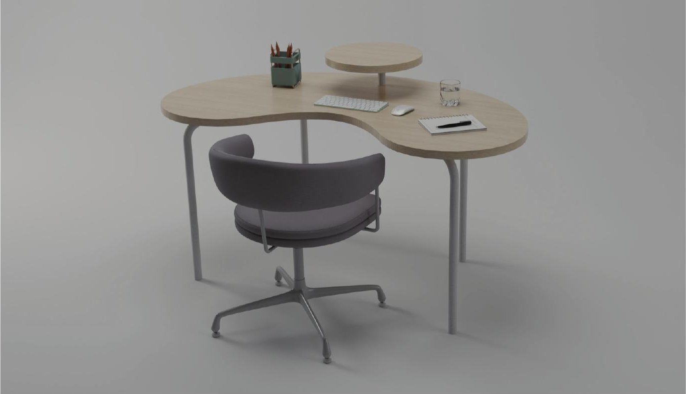 Full view of the Kidney Desk with a swivel chair