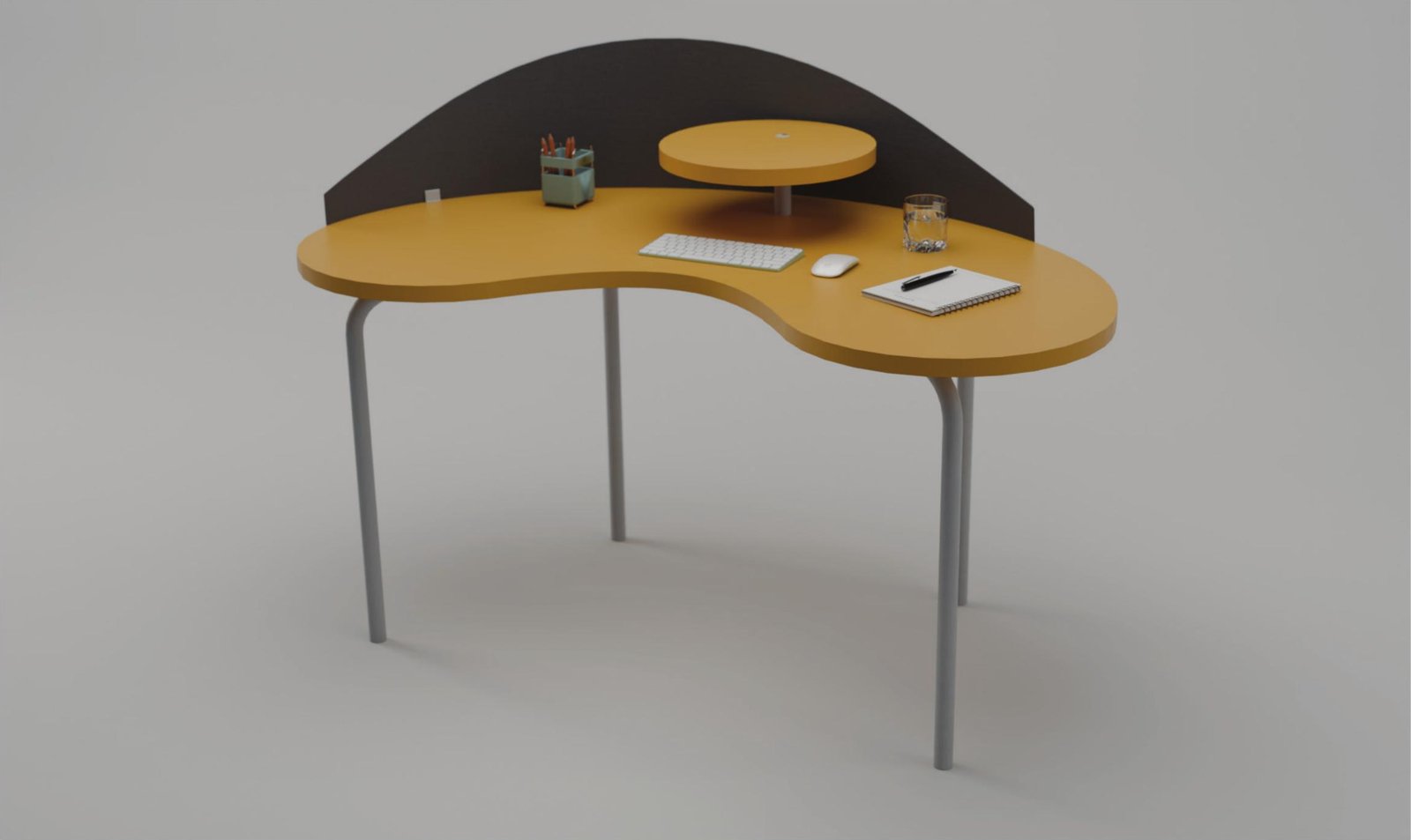 The Kidney Desk in ochre yellow laminate with charcoal Echopanel privacy screen